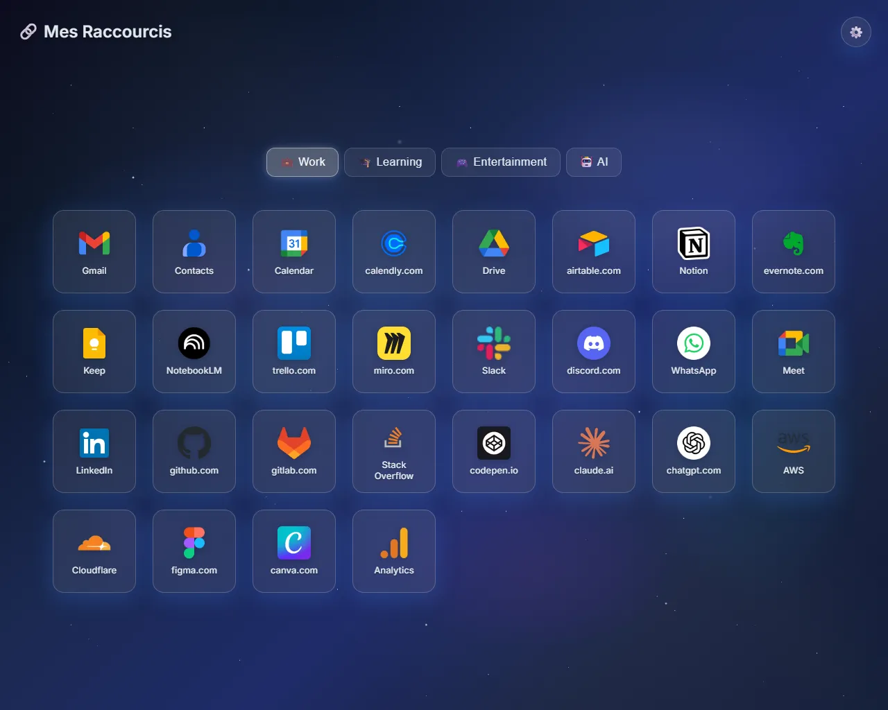 Page d'accueil TabRocket avec raccourcis